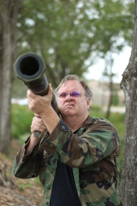 Joel D. Wynkoop (Dr. Jon Croft) posing with his bazooka during the photo shoot for the Pit Bulls and Zombies book cover. 