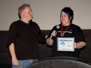 Lynne crying during her acceptance speech at the Buffalo Dreams Fantastic Film Festival.