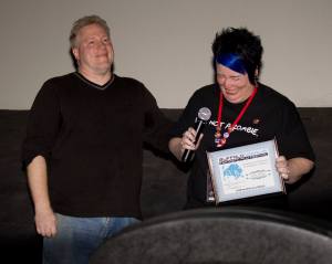 Lynne laughing/crying at the Buffalo Dreams Fantastic Film Festival awards ceremony.